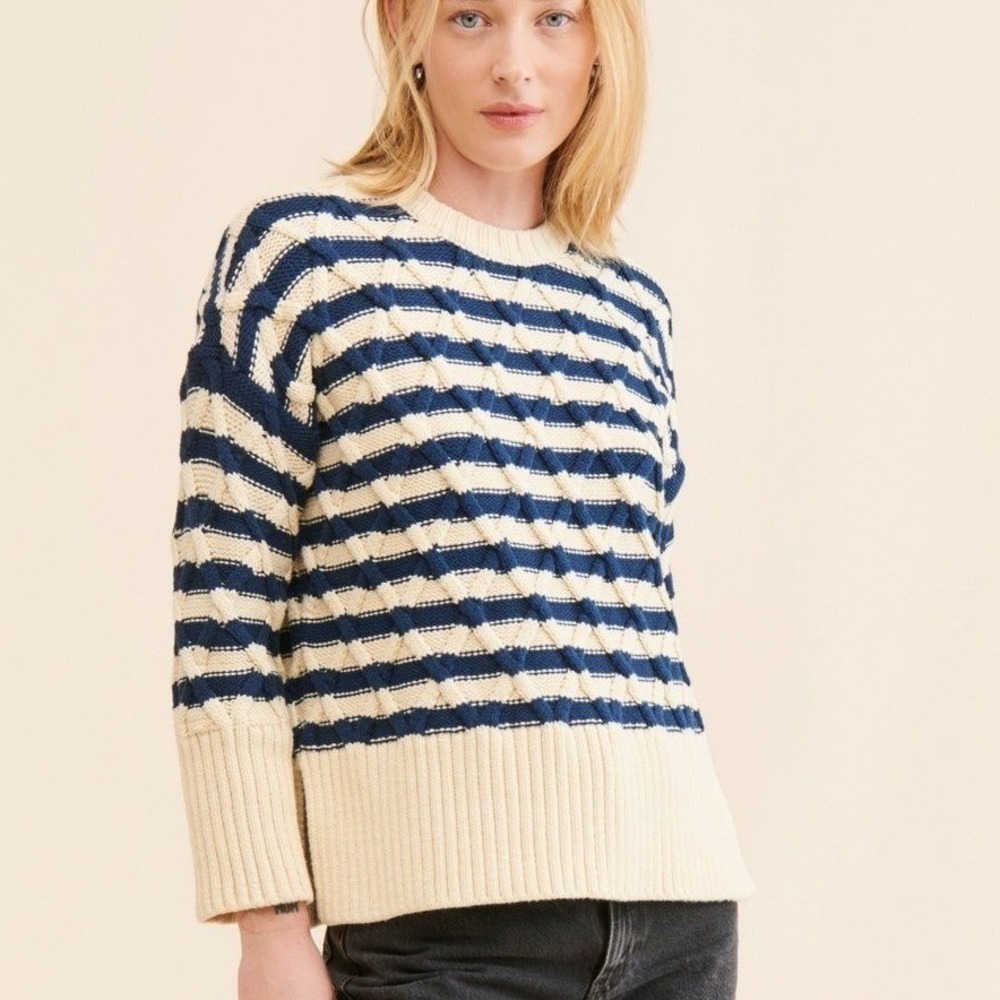 New Madewell $98 XS Cream Navy Yasmin Stripe Cable Knit Very Oversized‎ Sweater
